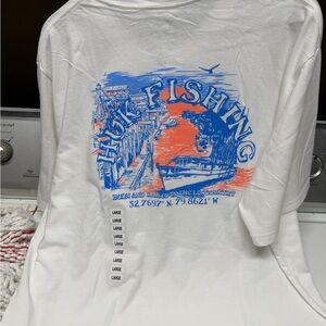 Huk White T-Shirt with Blue and Orange Fishing Graphic